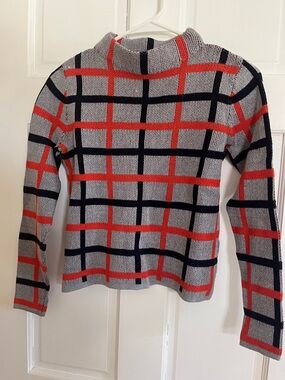 Gray Plaid Knit Sweater with Orange and Blue Windowpane